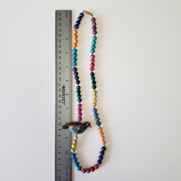 Vintage 1960's Gold Tone clasp, Multi Bead, Cloisonne Bird Necklace, - Picture 3 of 11